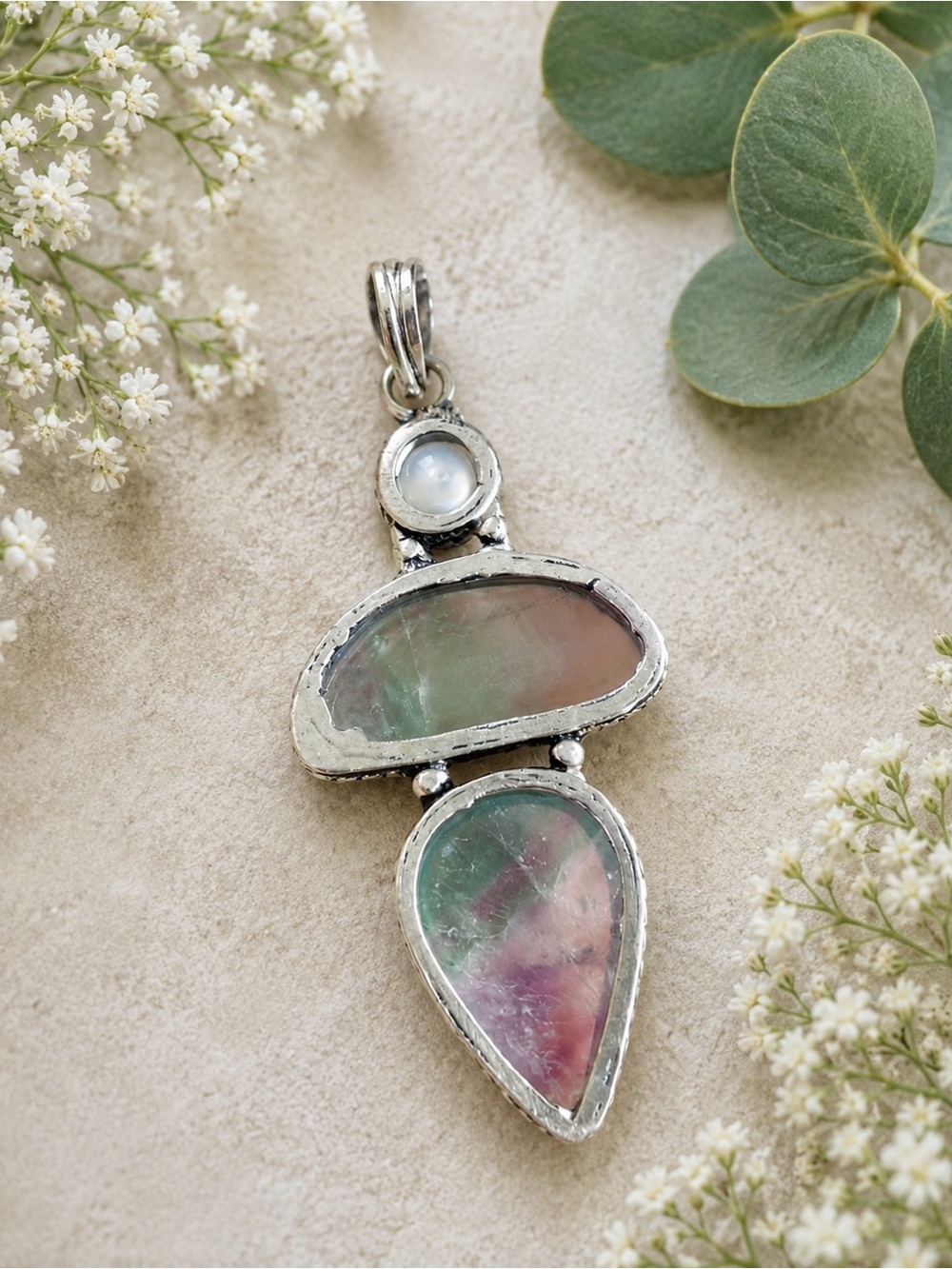 Natural Fluorite & Pearl Gemstone 2.8” Silver Pendant - Picture 7 of 7